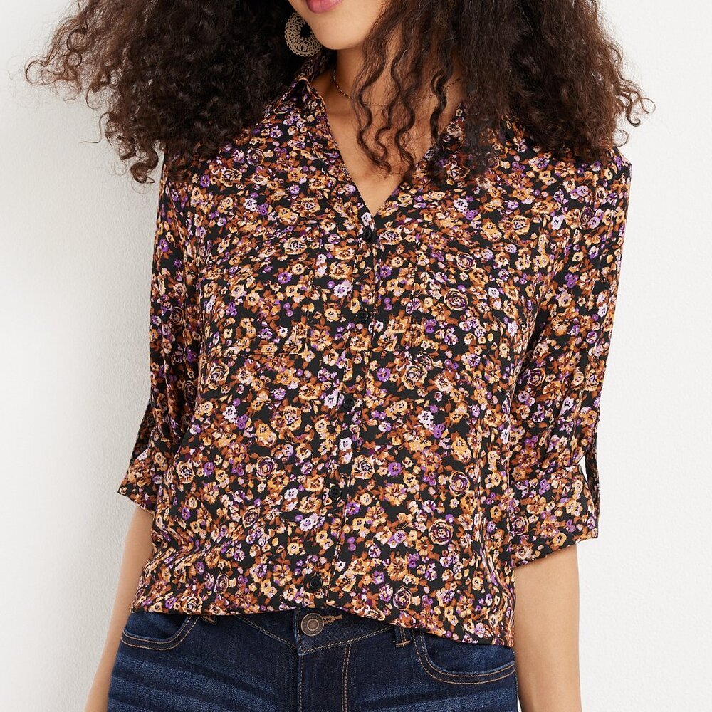 MAURICES Winona Ditsy Floral Button Down Blouse Black Brown Purple Long Sleeve M